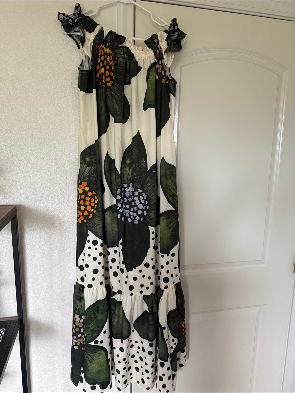 Cream Floral Maxi Dress with Green Leaves